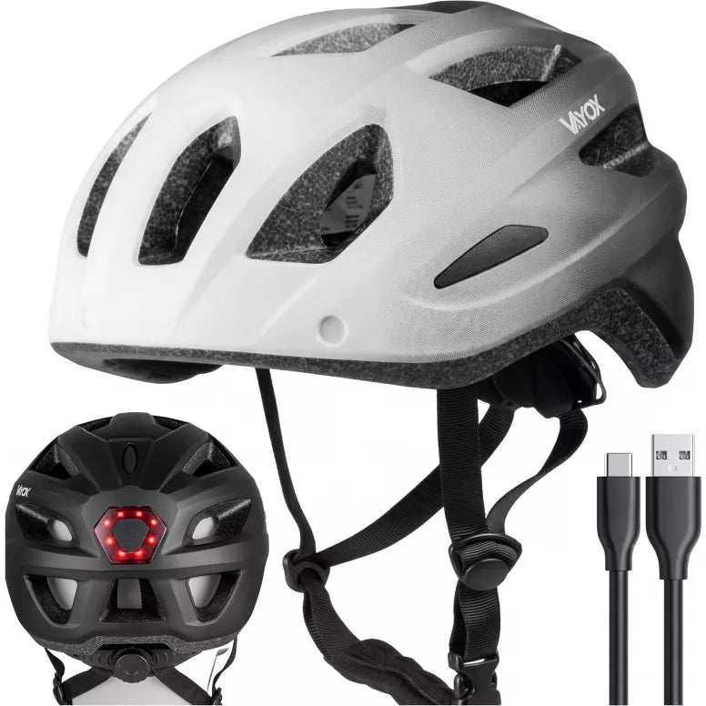 Fahrradhelm, Vayox Active + LED VA0424WBM, 55-58 cm, Größe M, Weiß-Schwarz