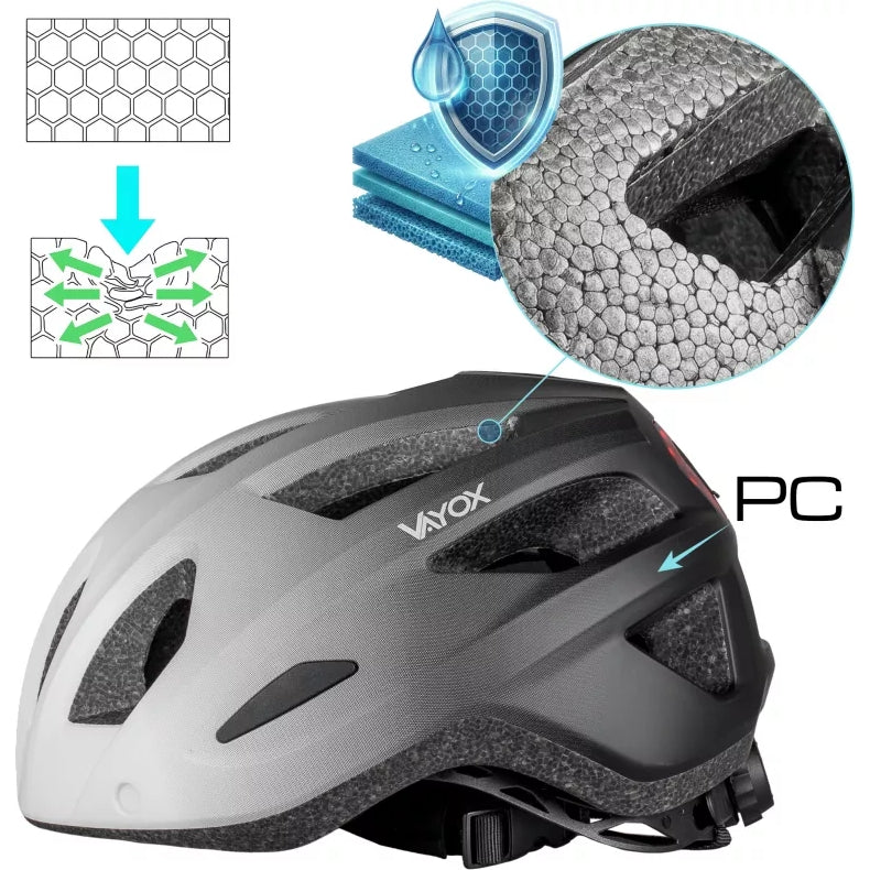 Fahrradhelm, Vayox Active + LED VA0424WBL, 58-61 cm, Größe L, Weiß-Schwarz