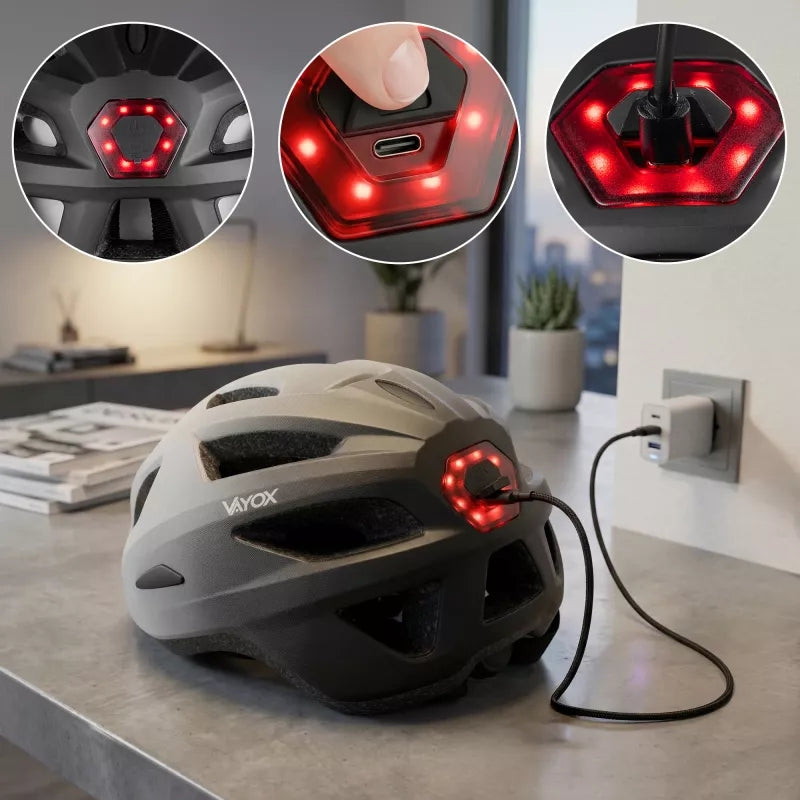 Fahrradhelm, Vayox Active + LED VA0424WBM, 55-58 cm, Größe M, Weiß-Schwarz