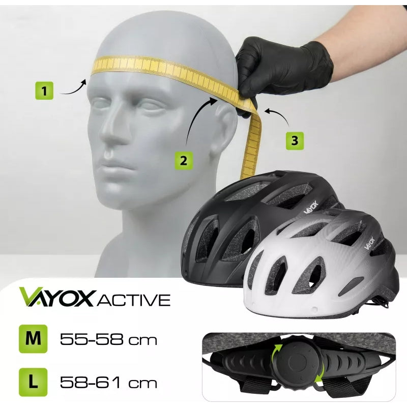 Fahrradhelm, Vayox Active + LED VA0424WBM, 55-58 cm, Größe M, Weiß-Schwarz