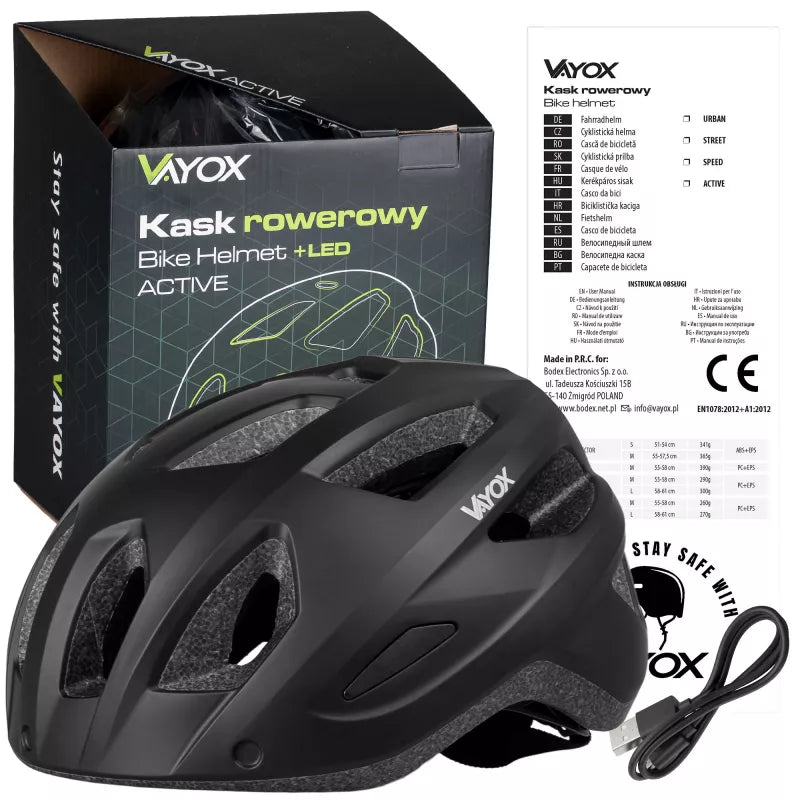 Fahrradhelm, Vayox Active + LED VA0424BML, 58-61 cm, Größe L, Matt-Schwarz