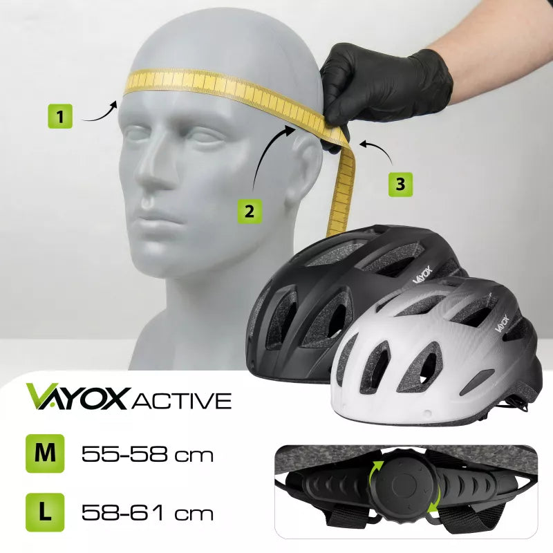 Fahrradhelm, Vayox Active + LED VA0424BML, 58-61 cm, Größe L, Matt-Schwarz