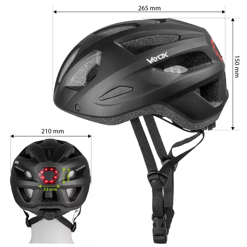Fahrradhelm, Vayox Active + LED VA0424BML, 58-61 cm, Größe L, Matt-Schwarz