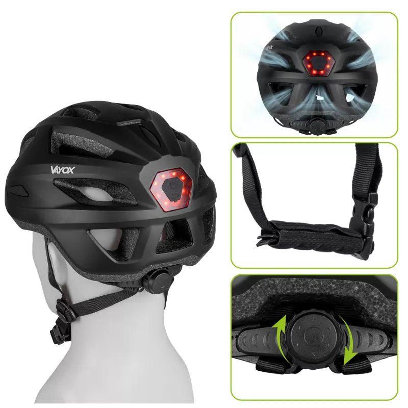 Fahrradhelm, Vayox Active + LED VA0424BML, 58-61 cm, Größe L, Matt-Schwarz