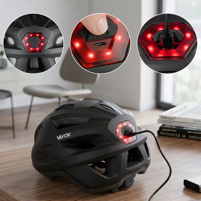 Fahrradhelm, Vayox Active + LED VA0424BML, 58-61 cm, Größe L, Matt-Schwarz