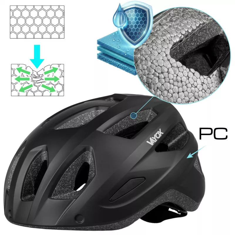 Fahrradhelm, Vayox Active + LED VA0424WBM, 55–58 cm, Größe M, Matt-Schwarz