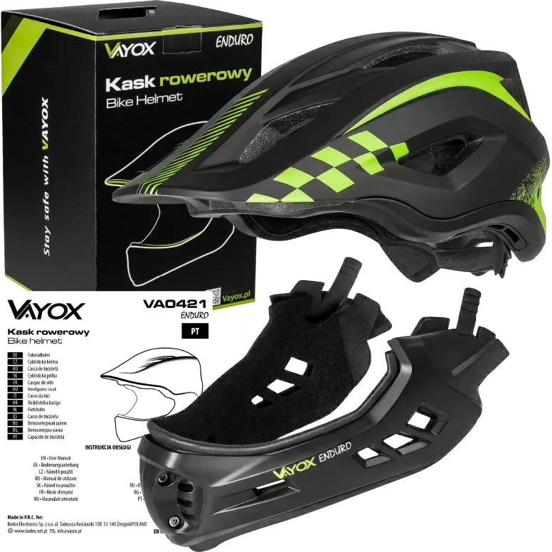 Fahrradhelm Vayox Enduro mit abnehmbarem Kinnschutz VA0421BS 48-52 cm, Größe S, Schwarz
