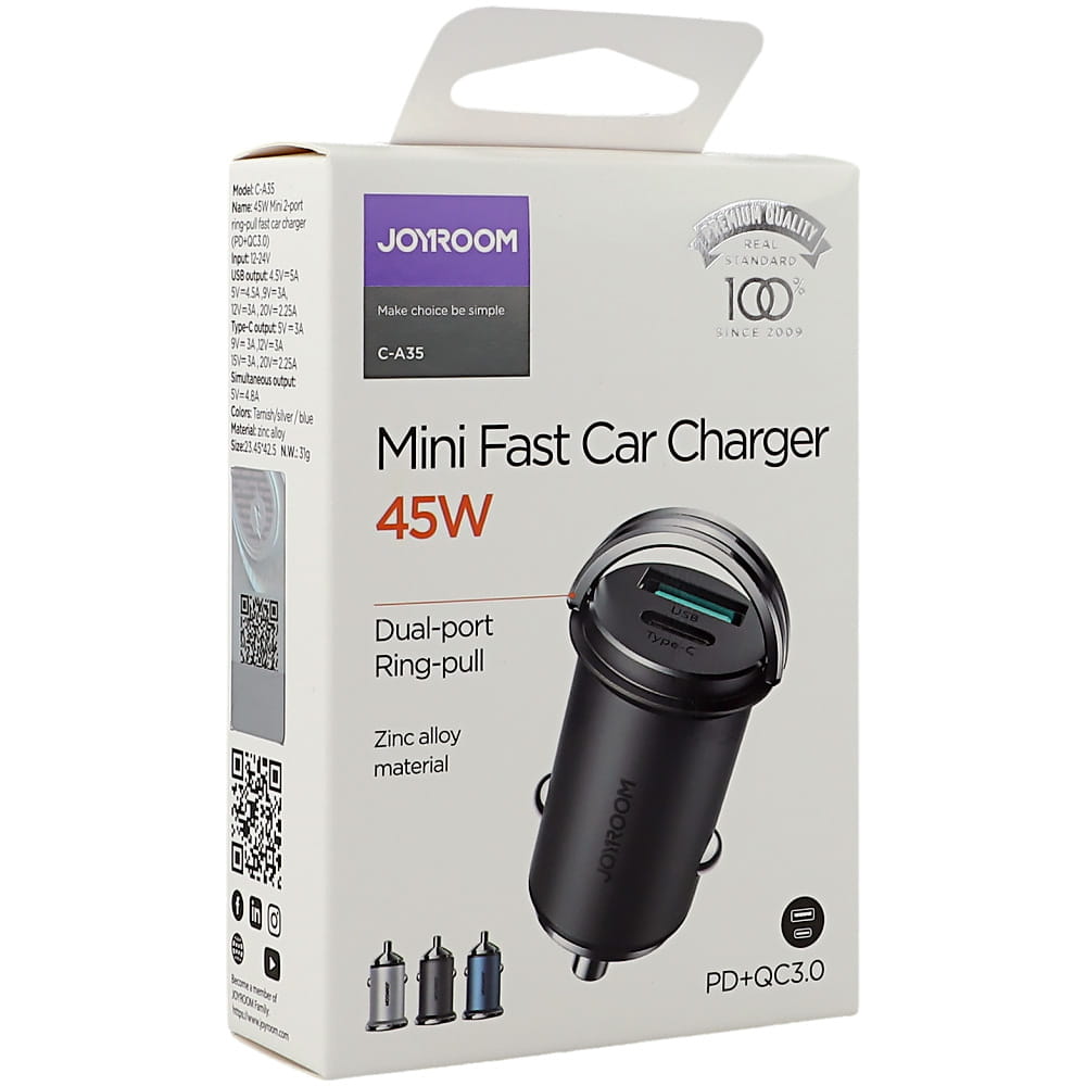 Autoladegerät Joyroom C-A35 45W, USB-A, USB-C, PD, QC 3.0, Schwarz