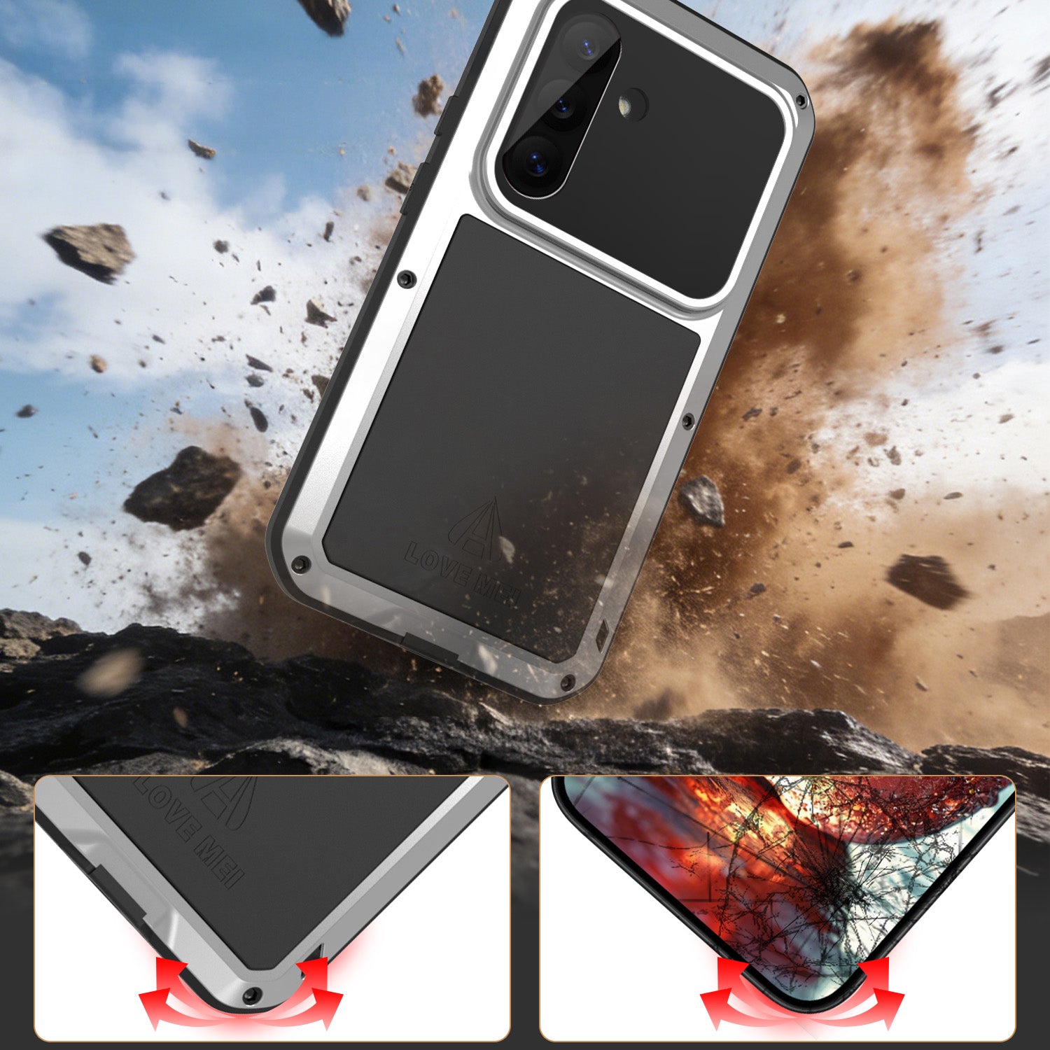 Handyhülle für Galaxy S26, Love Mei Powerful mit Glas, Silver