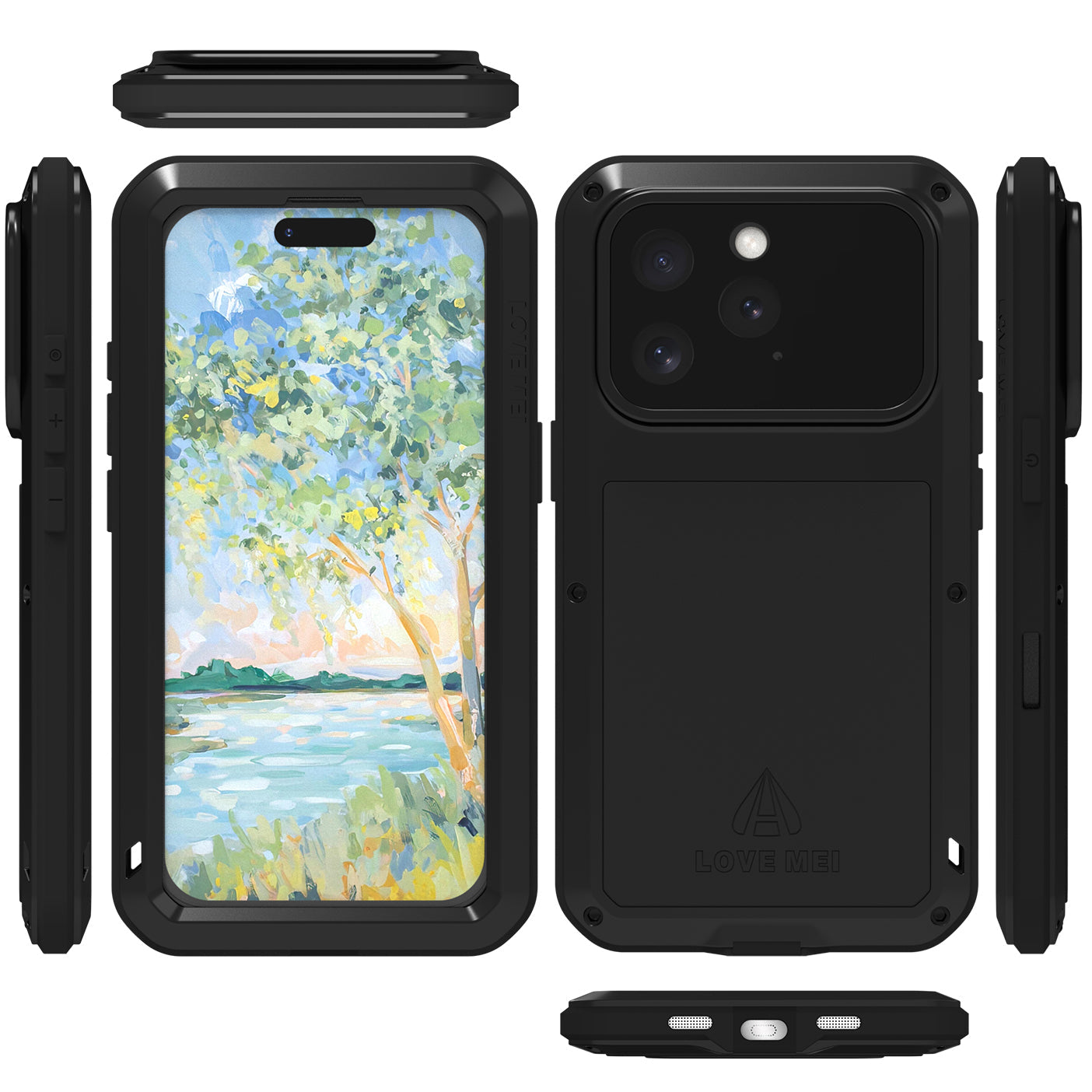 Handyhülle für iPhone 16 Pro, Love Mei Powerful mit Glas, Schwarz