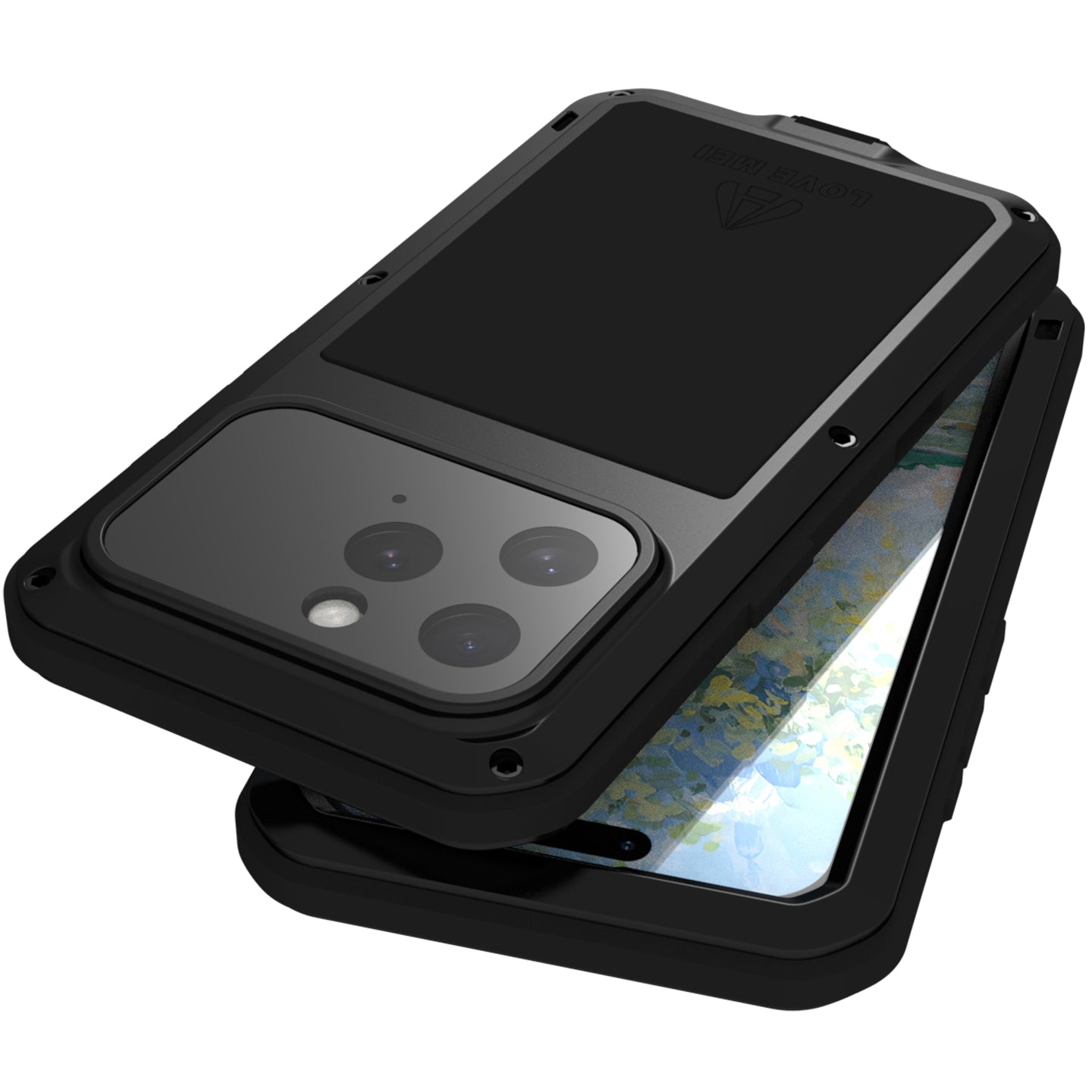 Handyhülle für iPhone 16 Pro, Love Mei Powerful mit Glas, Schwarz