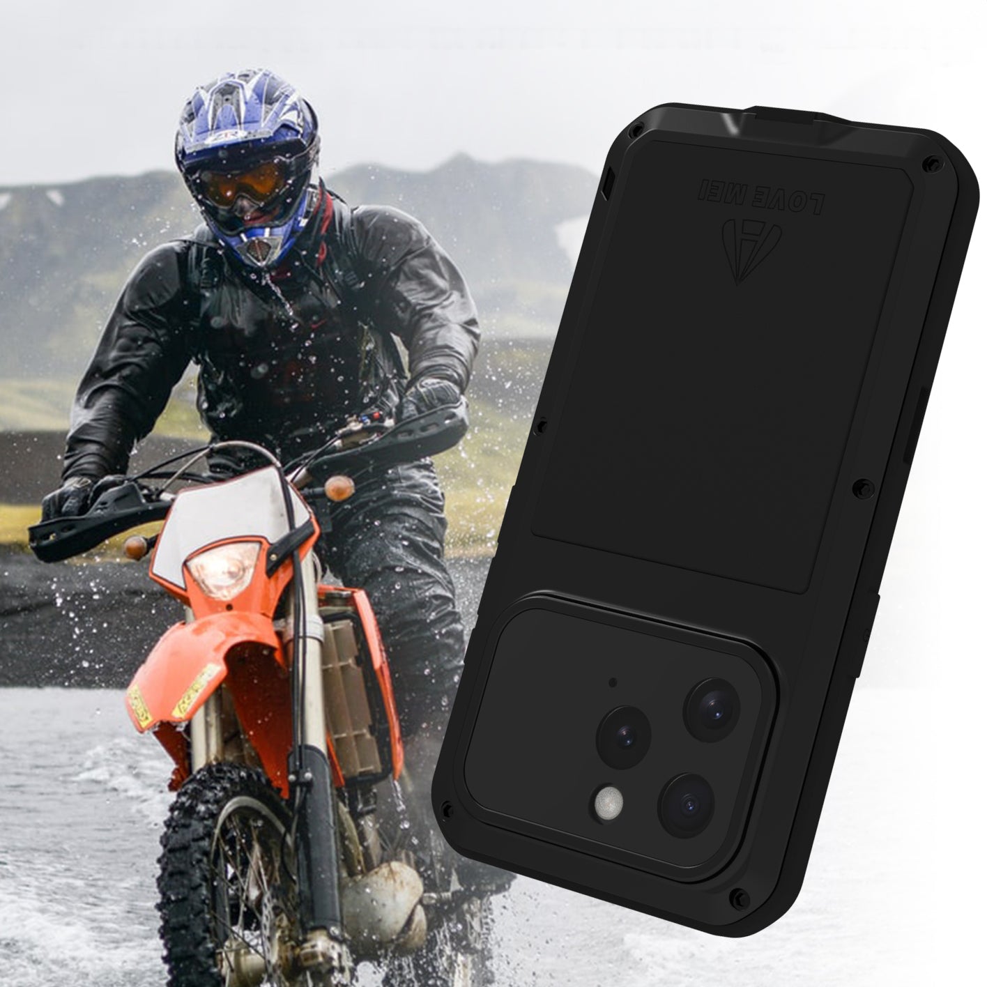Handyhülle für iPhone 16 Pro, Love Mei Powerful mit Glas, Schwarz