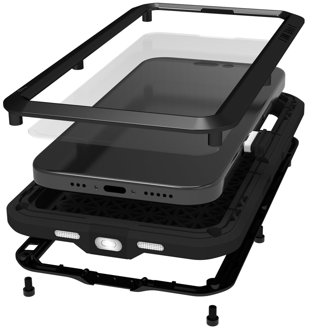 Handyhülle für iPhone 16 Pro, Love Mei Powerful mit Glas, Schwarz