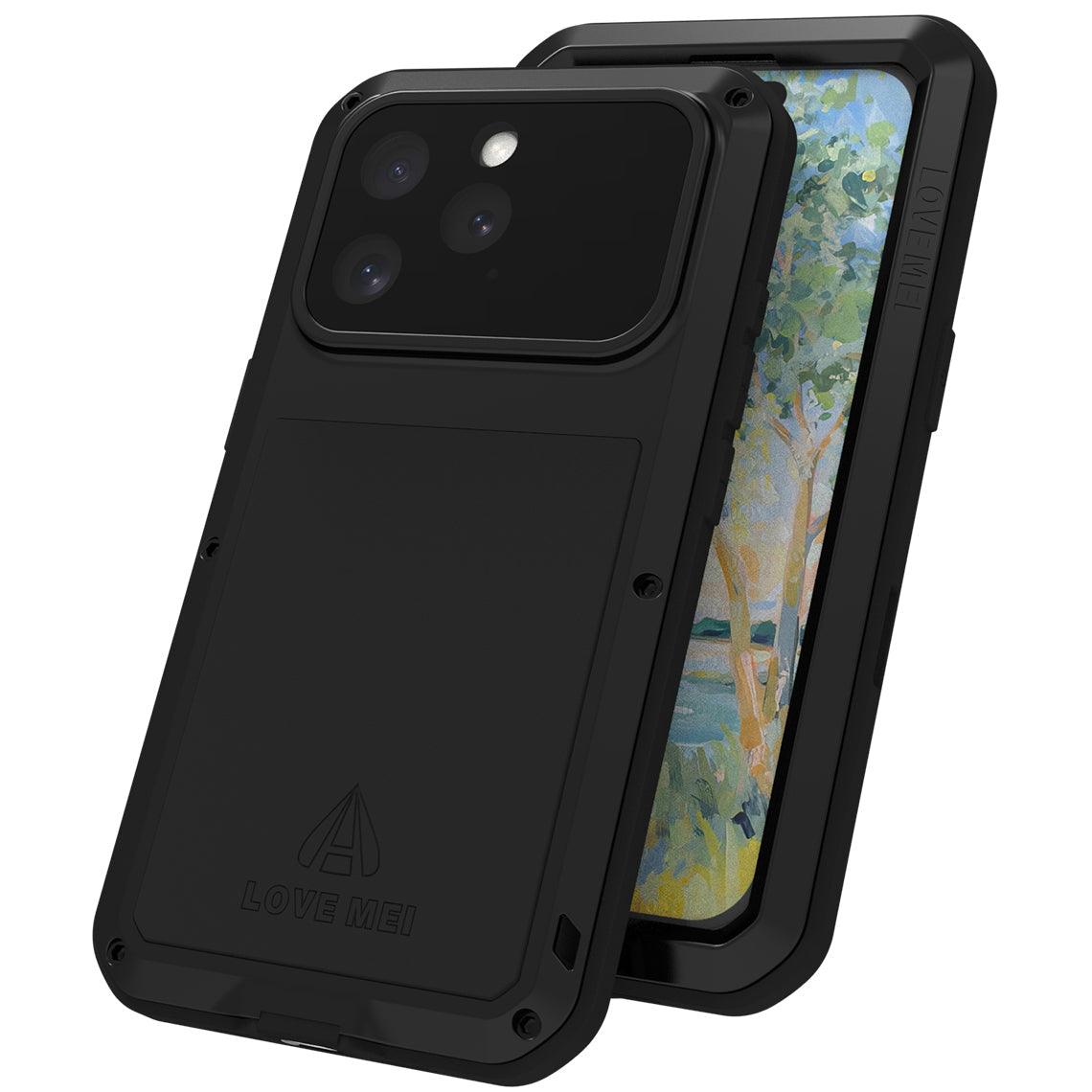 Handyhülle für iPhone 16 Pro, Love Mei Powerful mit Glas, Schwarz