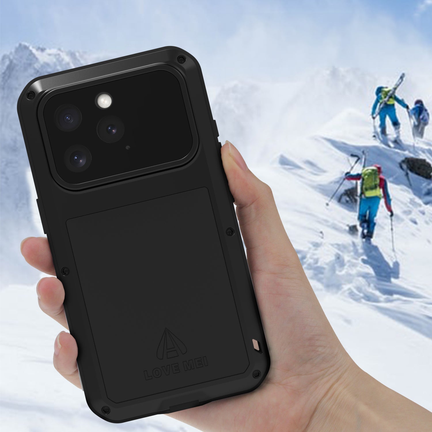 Handyhülle für iPhone 16 Pro, Love Mei Powerful mit Glas, Schwarz