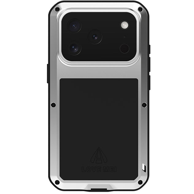 Handyhülle für iPhone 17 Pro, Love Mei Powerful mit Glas, Silbern