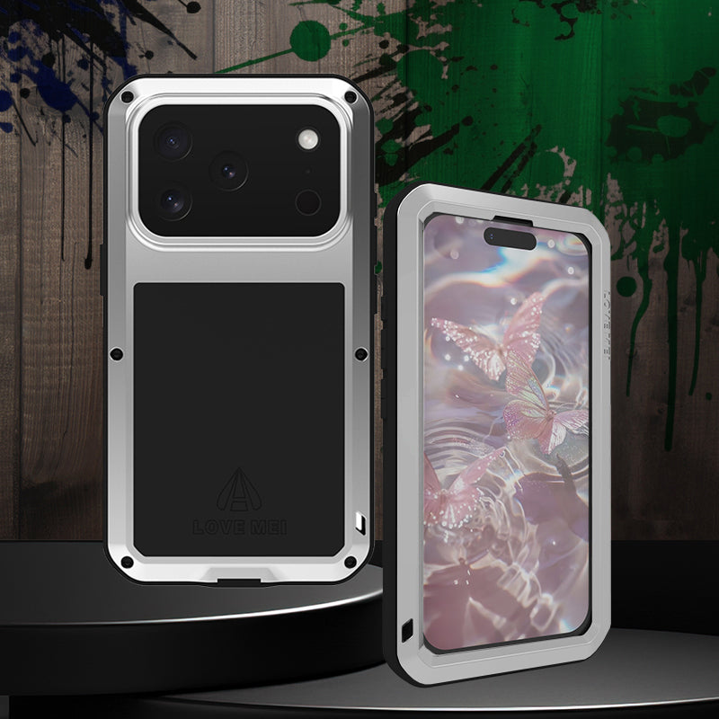 Handyhülle für iPhone 17 Pro, Love Mei Powerful mit Glas, Silbern