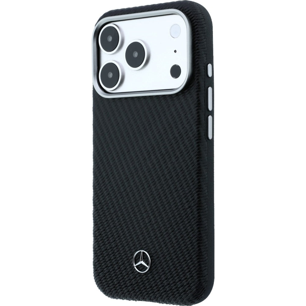 Handyhülle für iPhone 17 Pro, Mercedes-Benz Leather Semi Wrap Wood Effect MagSafe, Schwarz