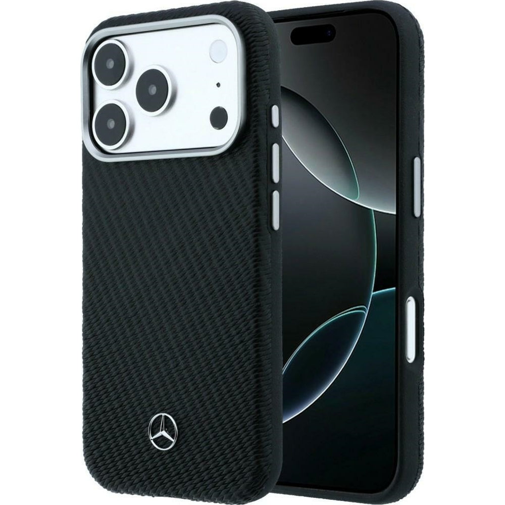 Handyhülle für iPhone 17 Pro Max, Mercedes-Benz Leather Semi Wrap Wood Effect MagSafe, Schwarz