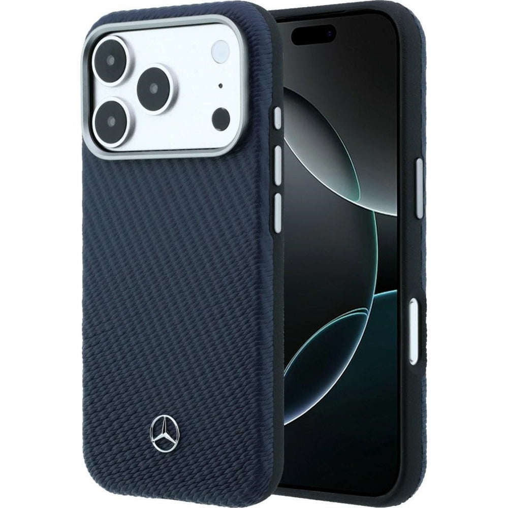 Handyhülle für iPhone 17 Pro Max, Mercedes-Benz Leather Semi Wrap Wood Effect MagSafe, Dunkelblau