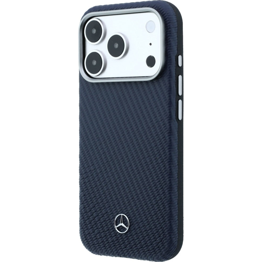 Handyhülle für iPhone 17 Pro Max, Mercedes-Benz Leather Semi Wrap Wood Effect MagSafe, Dunkelblau