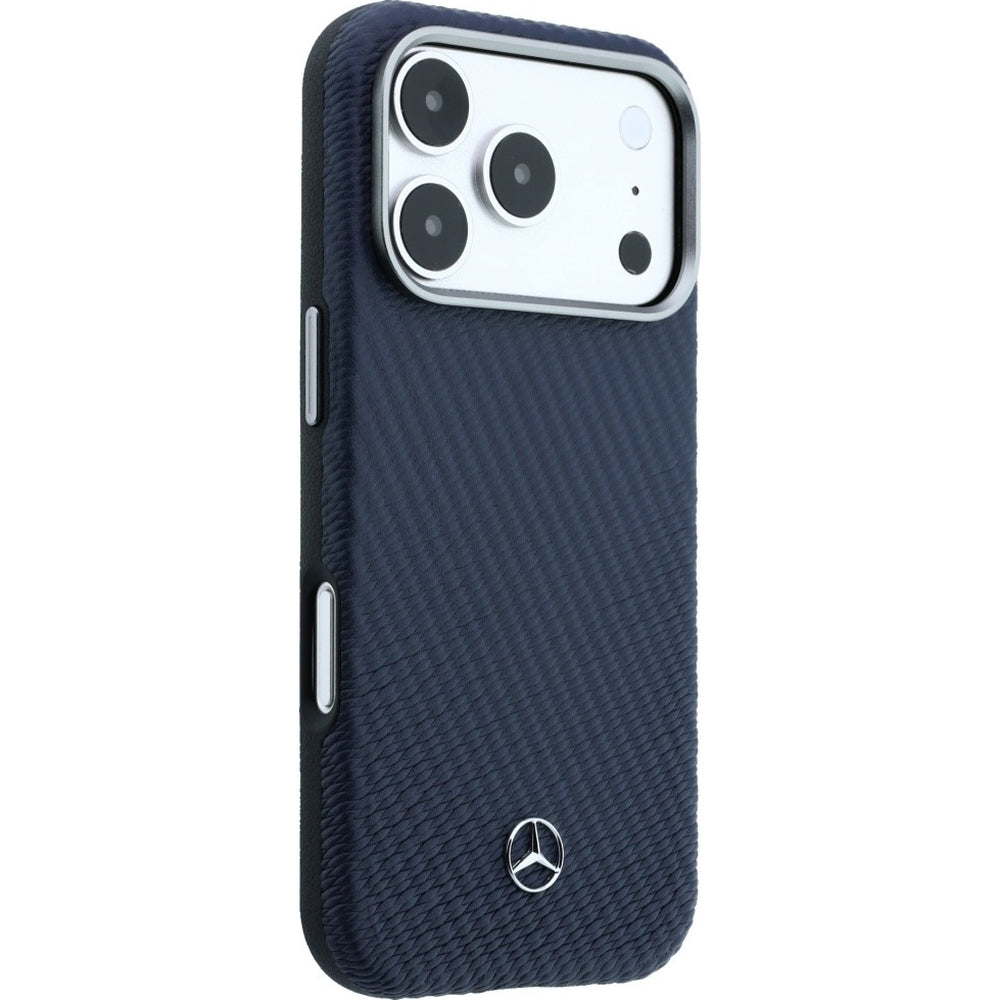 Handyhülle für iPhone 17 Pro Max, Mercedes-Benz Leather Semi Wrap Wood Effect MagSafe, Dunkelblau