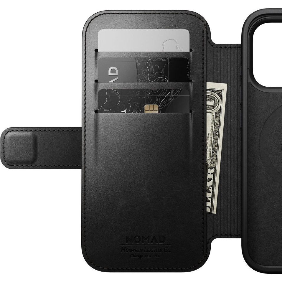 Handyhülle mit Klappe für iPhone 18 Pro / 17 Pro, Nomad Modern Leather Folio Horween Series mit MagSafe, Schwarz (13/13)
