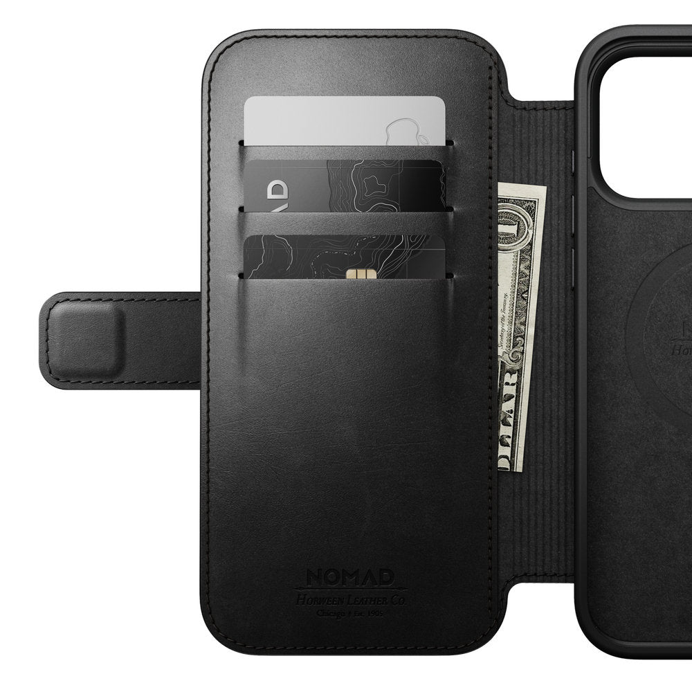 Handyhülle mit Klappe für iPhone 18 Pro Max / 17 Pro Max, Nomad Modern Leather Folio Horween Series mit MagSafe, Schwarz (13/13)