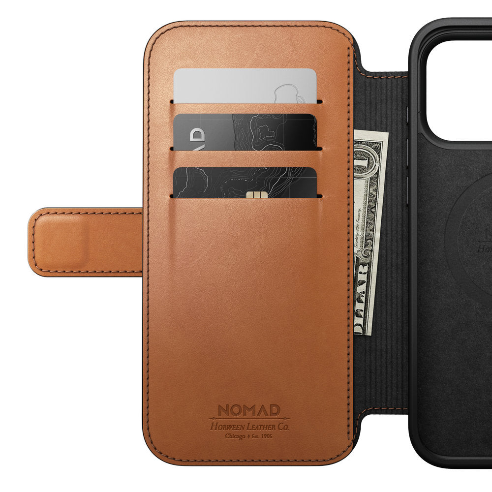 Handyhülle mit Klappe für iPhone 18 Pro Max / 17 Pro Max, Nomad Modern Leather Folio Horween Series mit MagSafe, Hellbraun (13/13)