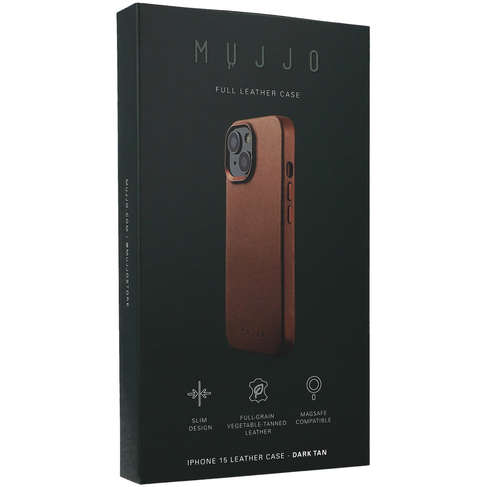 Schutzhülle für iPhone 15, Mujjo Leather Case MagSafe, Braun