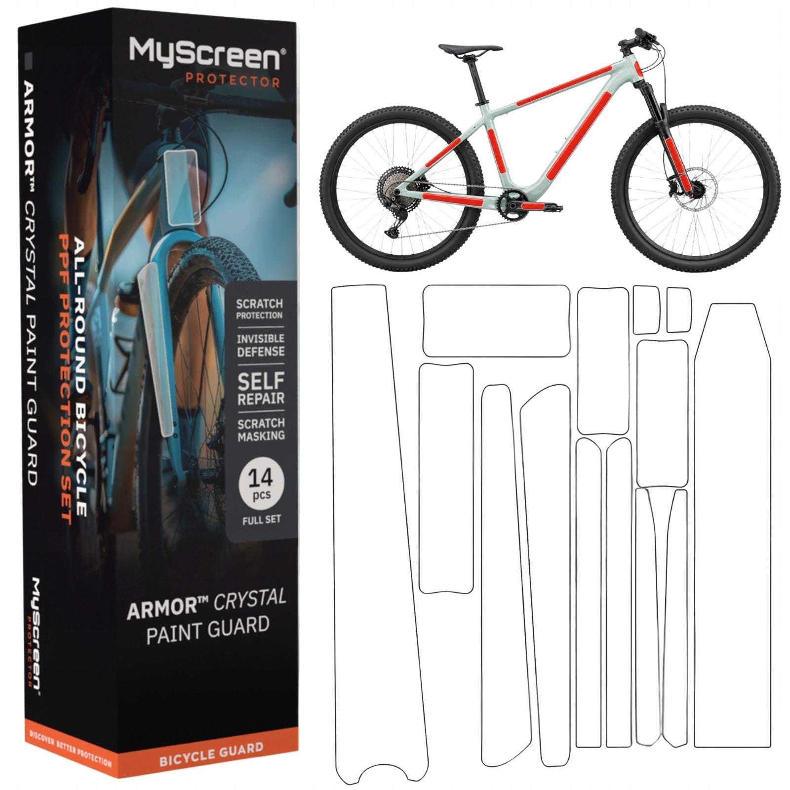 14er-Set PPF Schutzfolien für Fahrrad, MyScreen Armor Crystal Paint Guard Bicycle, Transparent