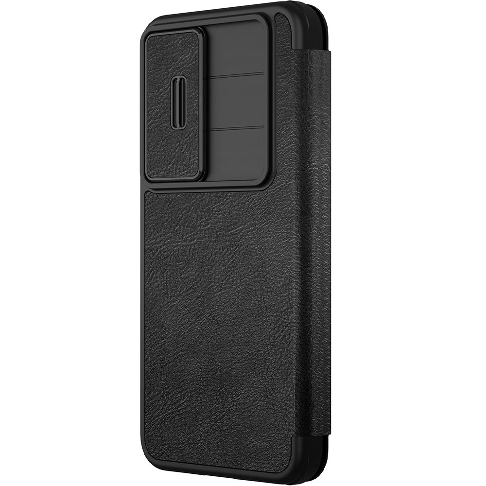 Handyhülle mit Klappe und Kameraschutz für Galaxy S25 Plus, Nillkin Qin Pro, Schwarz