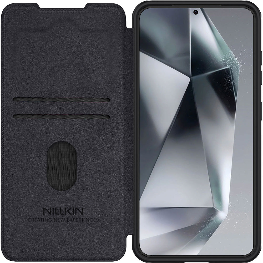 Handyhülle mit Klappe und Kameraschutz für Galaxy S25 Plus, Nillkin Qin Pro, Schwarz