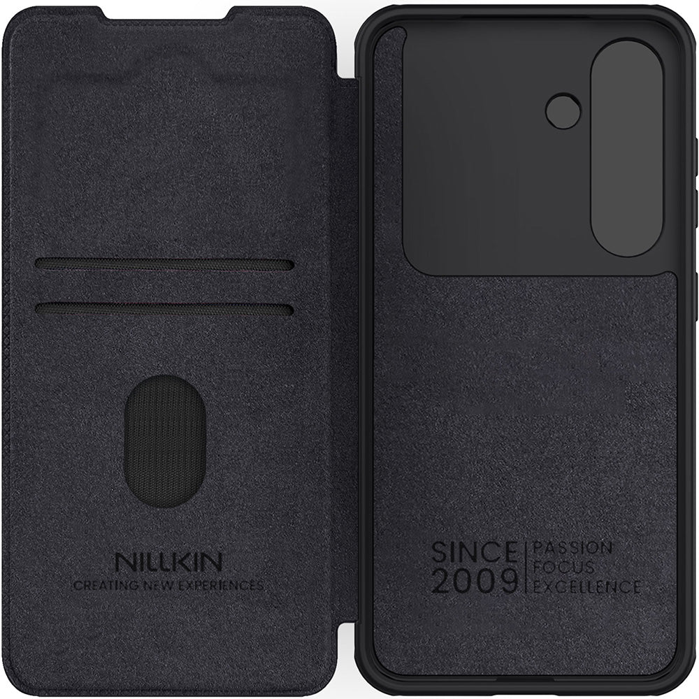 Handyhülle mit Klappe und Kameraschutz für Galaxy S25 Plus, Nillkin Qin Pro, Schwarz