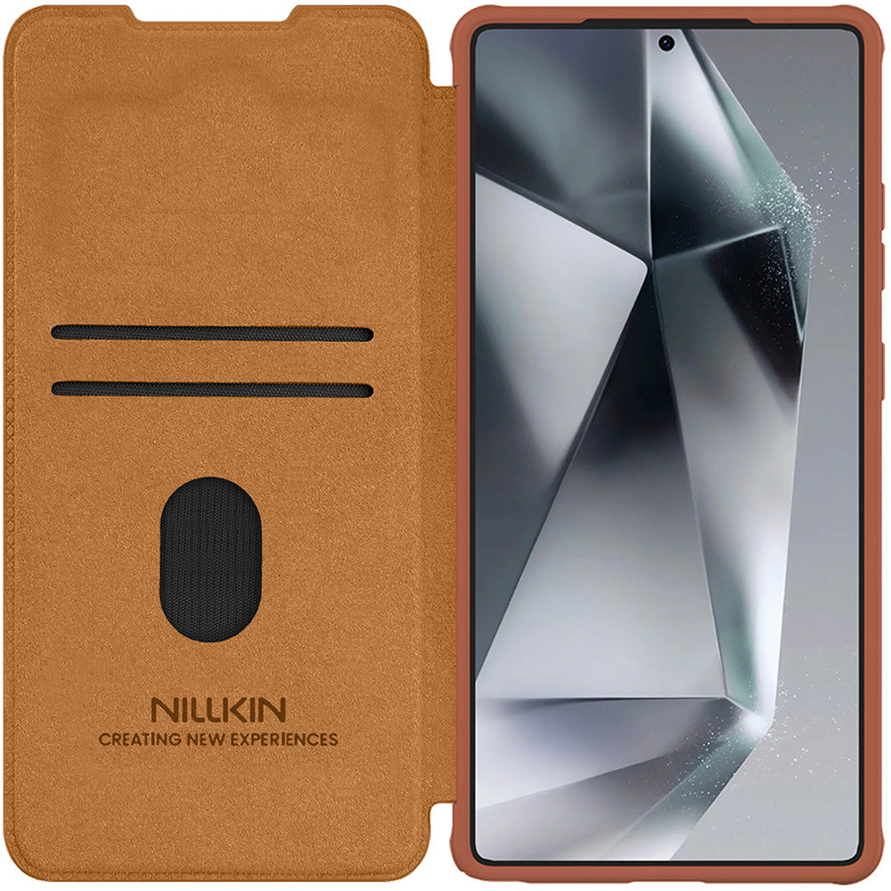 Handyhülle mit Klappe und Kameraschutz für Galaxy S25 Ultra, Nillkin Qin Pro, Braun