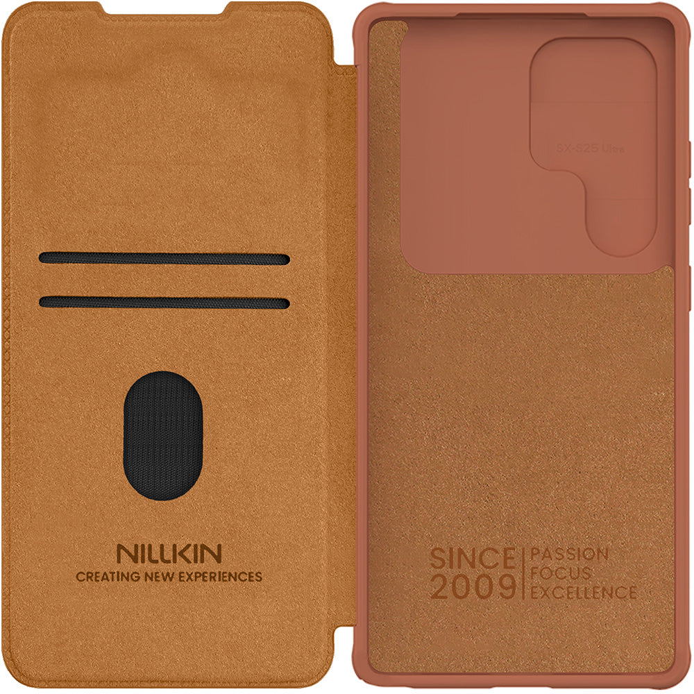 Handyhülle mit Klappe und Kameraschutz für Galaxy S25 Ultra, Nillkin Qin Pro, Braun