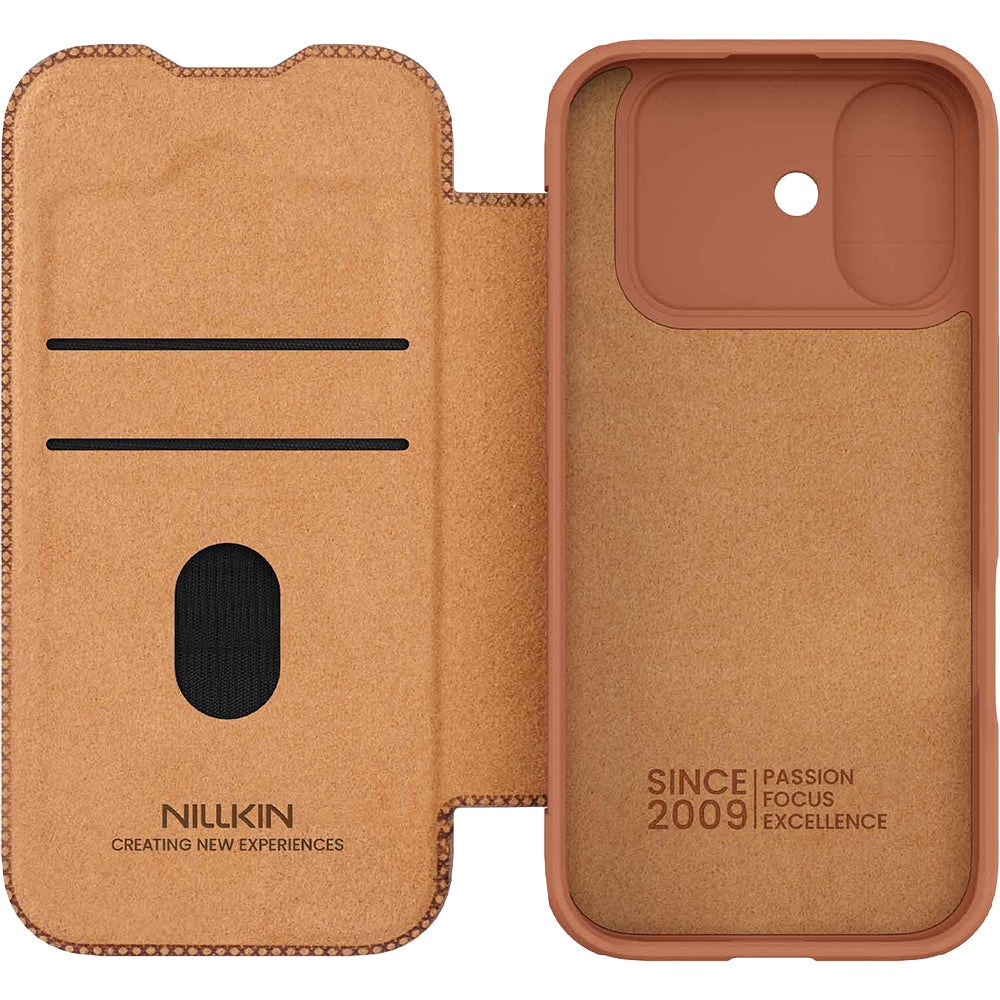 Handyhülle mit Klappe und Kameraschutz für iPhone 17, Nillkin Qin Pro, Braun