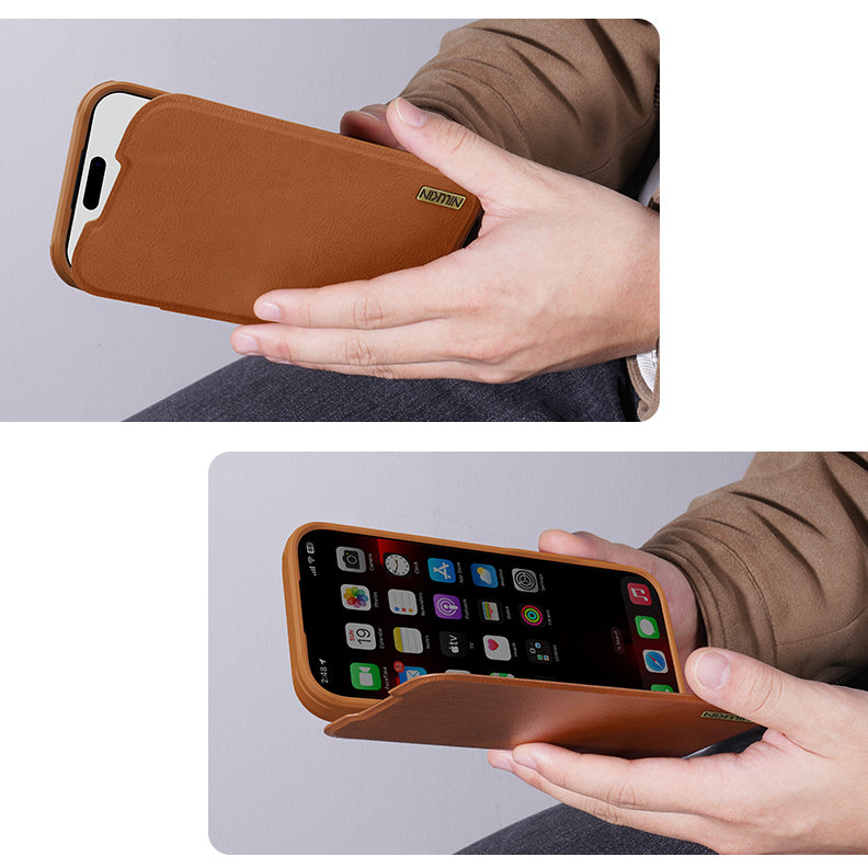 Handyhülle mit Klappe und Kameraschutz für iPhone 17, Nillkin Qin Pro, Braun