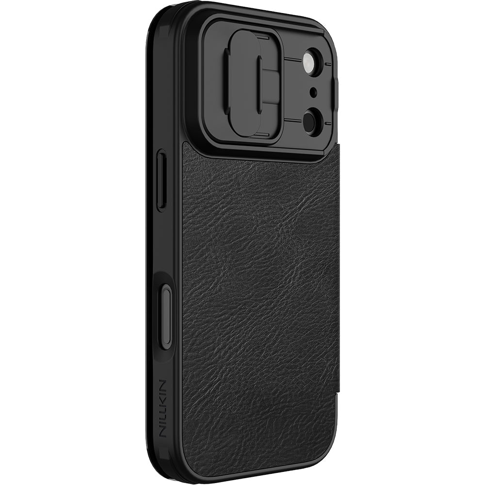 Handyhülle mit Klappe und Kameraschutz für iPhone 17 Pro, Nillkin Qin Pro, Schwarz