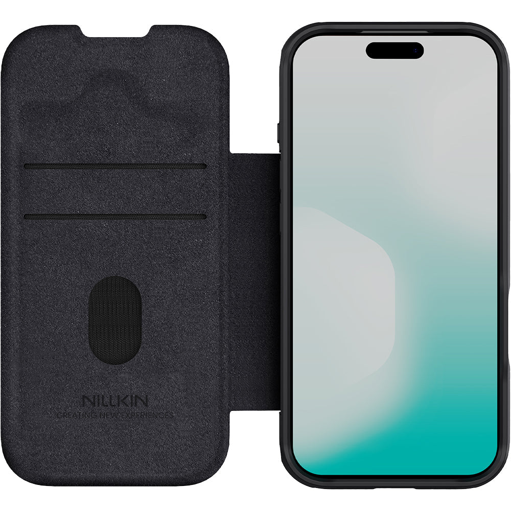 Handyhülle mit Klappe und Kameraschutz für iPhone 17 Pro, Nillkin Qin Pro, Schwarz