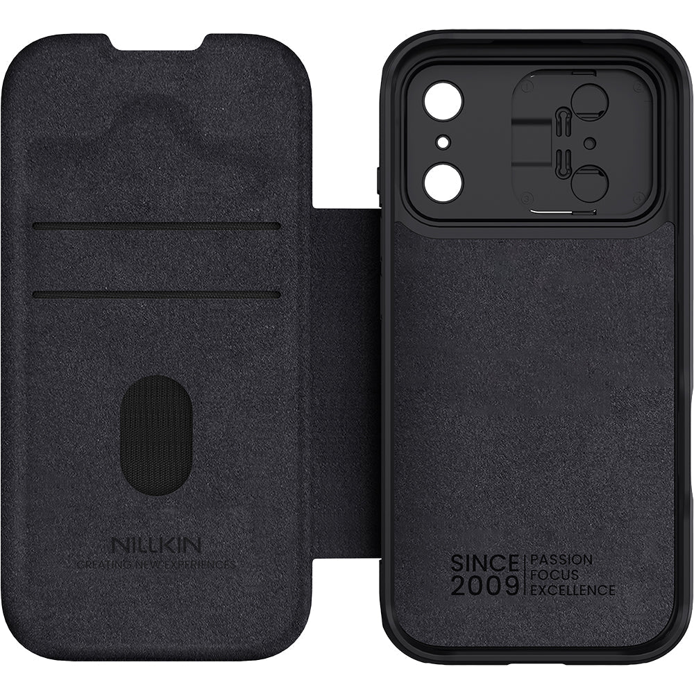Handyhülle mit Klappe und Kameraschutz für iPhone 17 Pro, Nillkin Qin Pro, Schwarz
