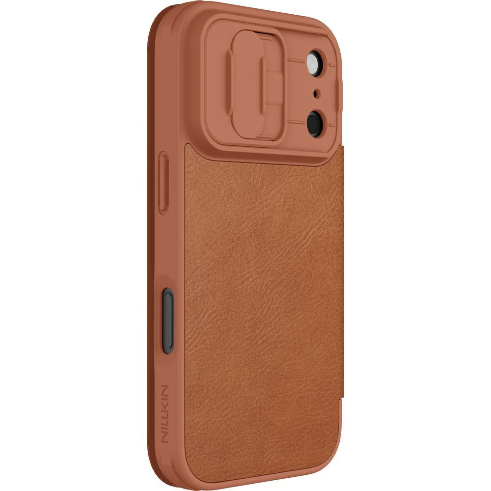 Handyhülle mit Klappe und Kameraschutz für iPhone 17 Pro, Nillkin Qin Pro, Braun