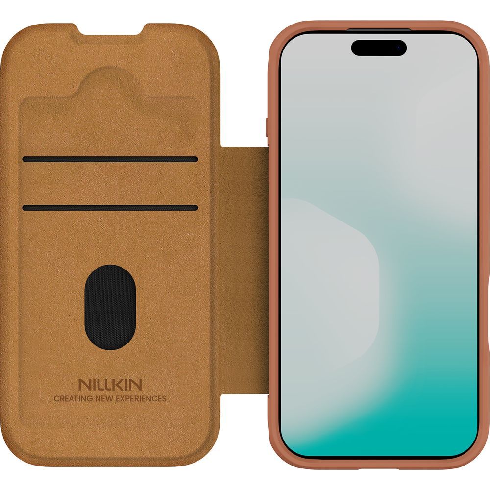 Handyhülle mit Klappe und Kameraschutz für iPhone 17 Pro, Nillkin Qin Pro, Braun
