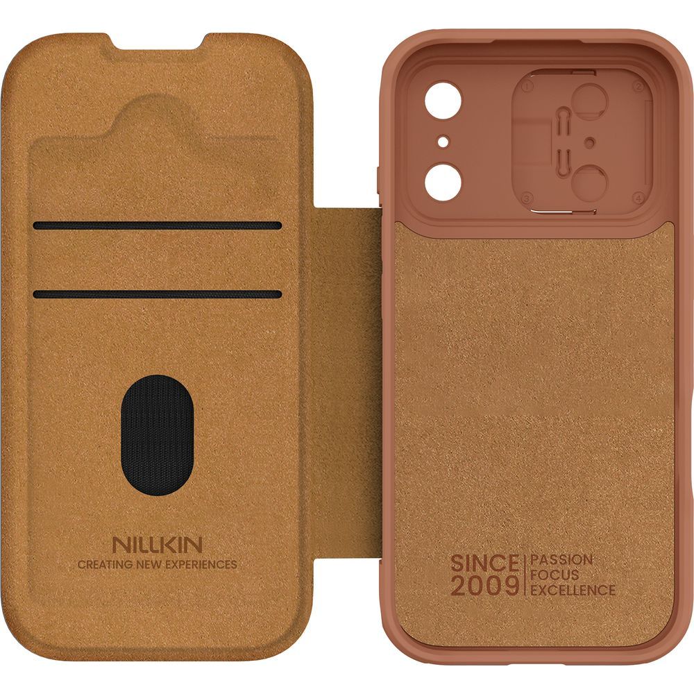 Handyhülle mit Klappe und Kameraschutz für iPhone 17 Pro, Nillkin Qin Pro, Braun