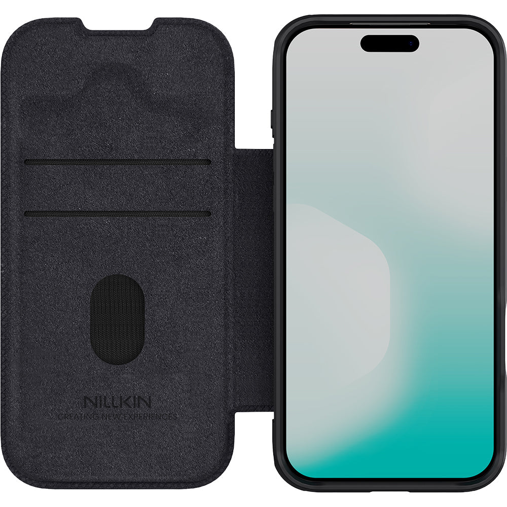 Handyhülle mit Klappe und Kameraschutz für iPhone 17 Pro Max, Nillkin Qin Pro, Schwarz