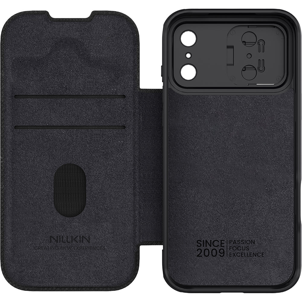 Handyhülle mit Klappe und Kameraschutz für iPhone 17 Pro Max, Nillkin Qin Pro, Schwarz