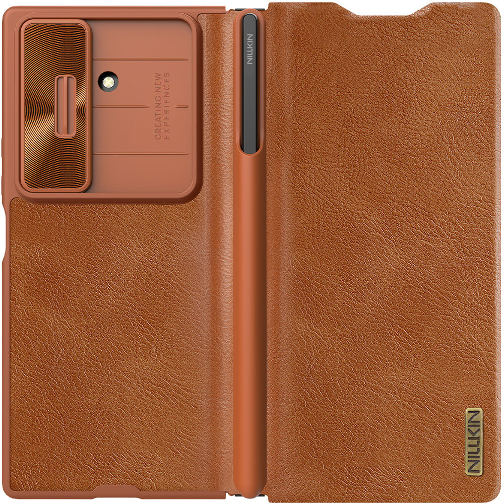 Hadyhülle mit Klappe und Stift für Galaxy Z Fold7, Nillkin Qin Leather Pro Styl Pen Case, Braun