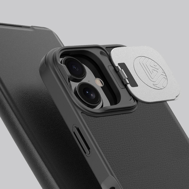 Schutzhülle mit Klappe und Kameraschutz für iPhone 16, Nillkin Qin Prop, Schwarz