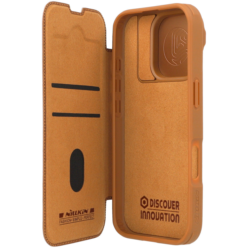 Handyhülle mit Klappe und Kameraschutz für iPhone 16 Pro, Nillkin Qin Prop, Braun