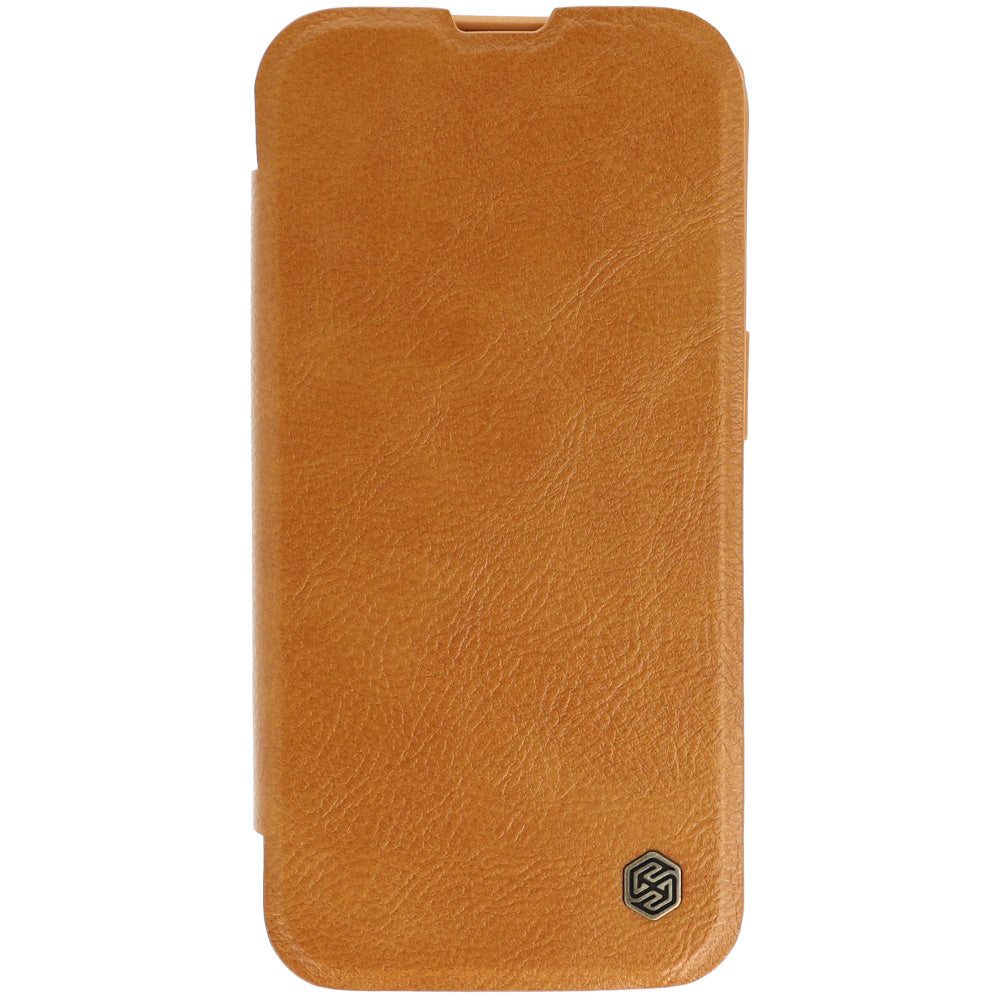 Handyhülle mit Klappe und Kameraschutz für iPhone 16 Pro, Nillkin Qin Prop, Braun